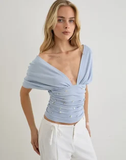 Vernia Plunge Batwing Top in Lyocell Dusty Blue with Pearl Buttons