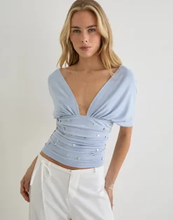 Vernia Plunge Batwing Top in Lyocell Dusty Blue with Pearl Buttons