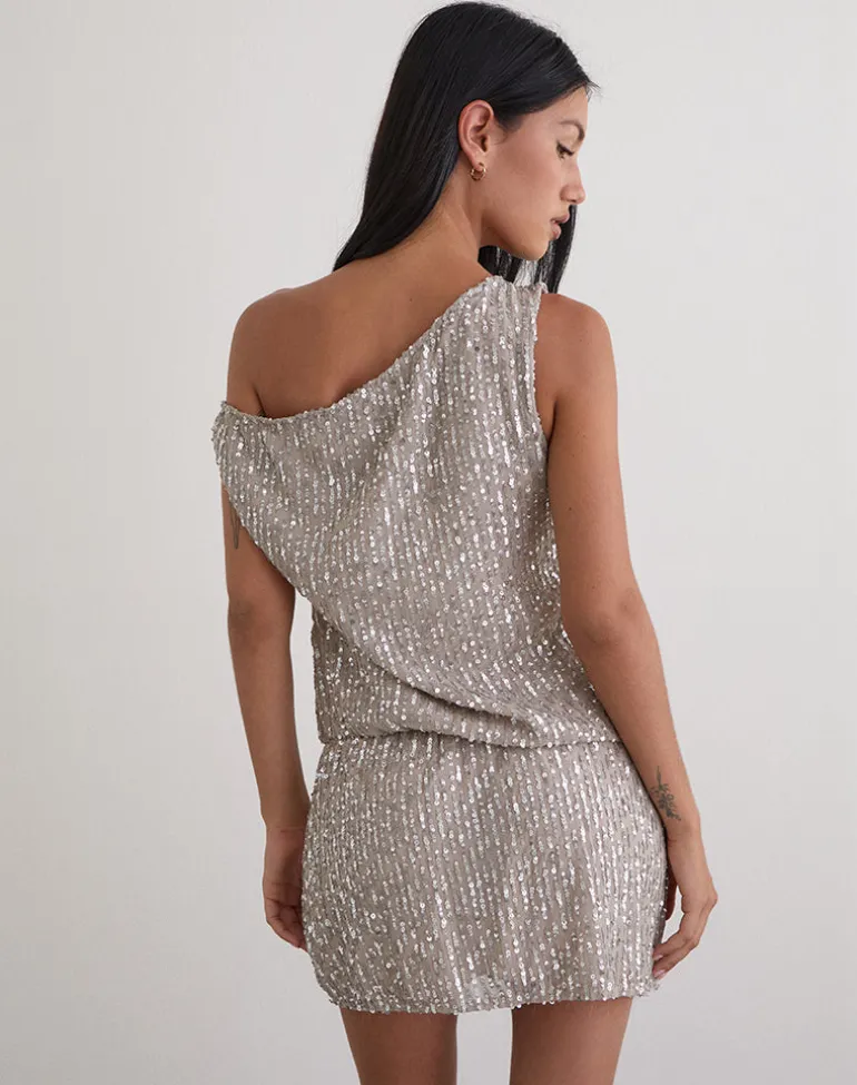 Vora One Shoulder Mini Dress in Sequin Nude