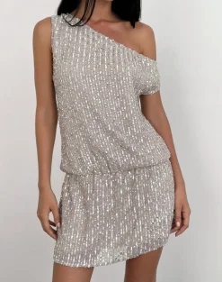Vora One Shoulder Mini Dress in Sequin Nude