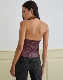 Wahya Lace Up Halter Top in PU Plum