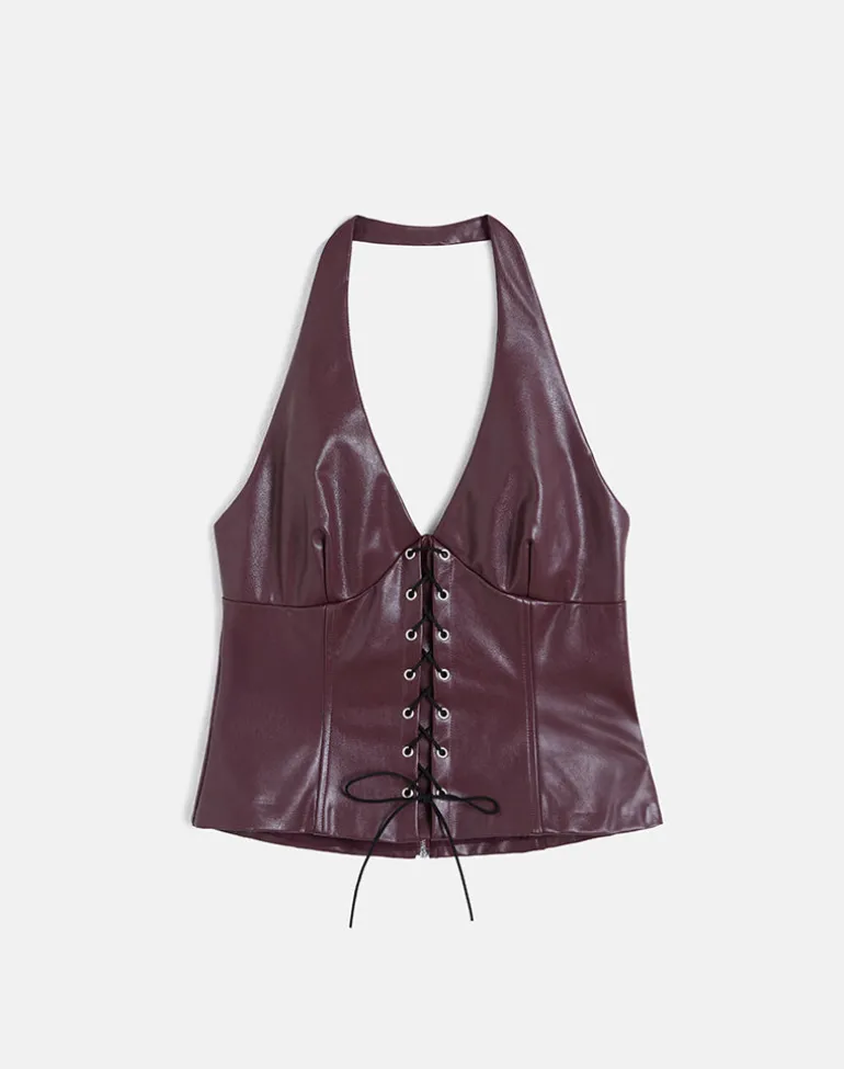 Wahya Lace Up Halter Top in PU Plum