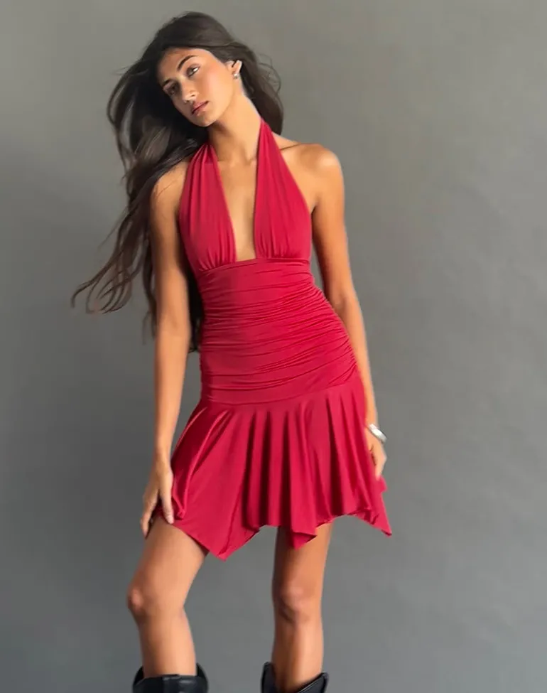 Winslet Plunge Mini Dress in Slinky Red