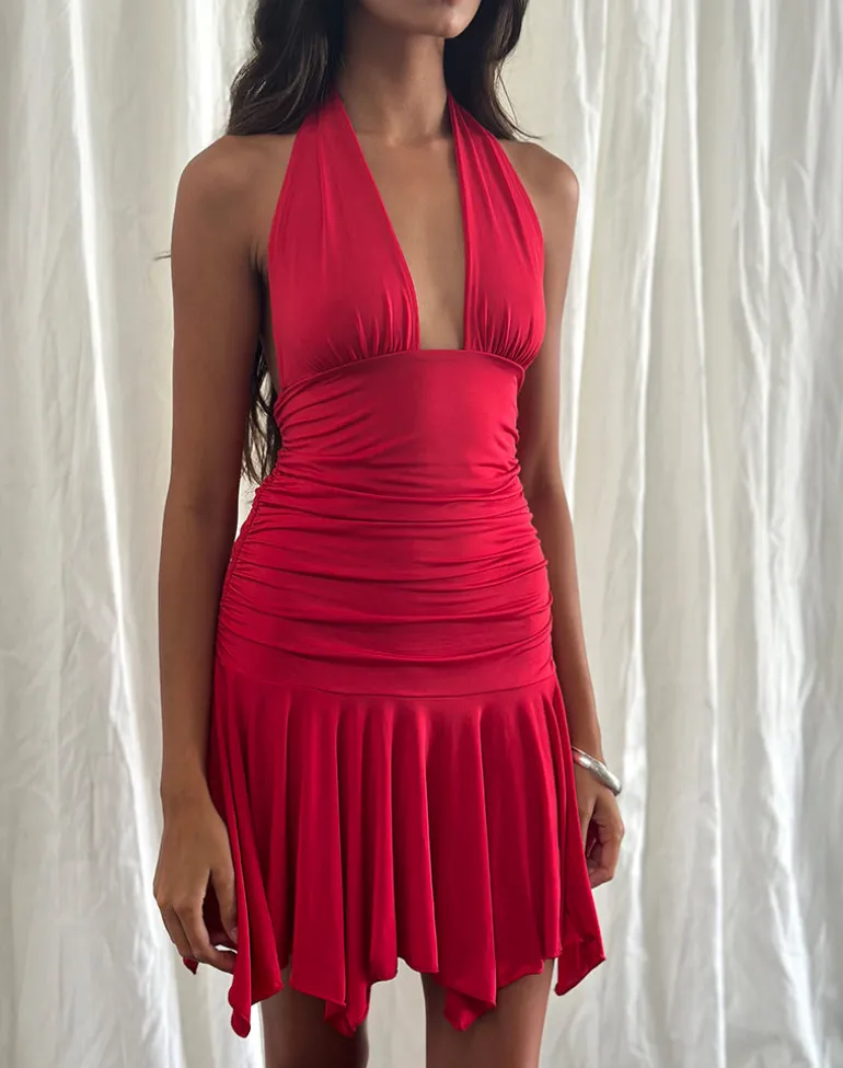 Winslet Plunge Mini Dress in Slinky Red
