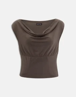 Wiyana Cowl Neck Top in Cupro Dark Brown