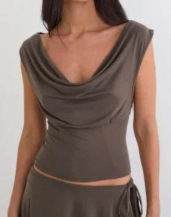 Wiyana Cowl Neck Top in Cupro Dark Brown
