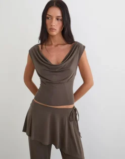 Wiyana Cowl Neck Top in Cupro Dark Brown