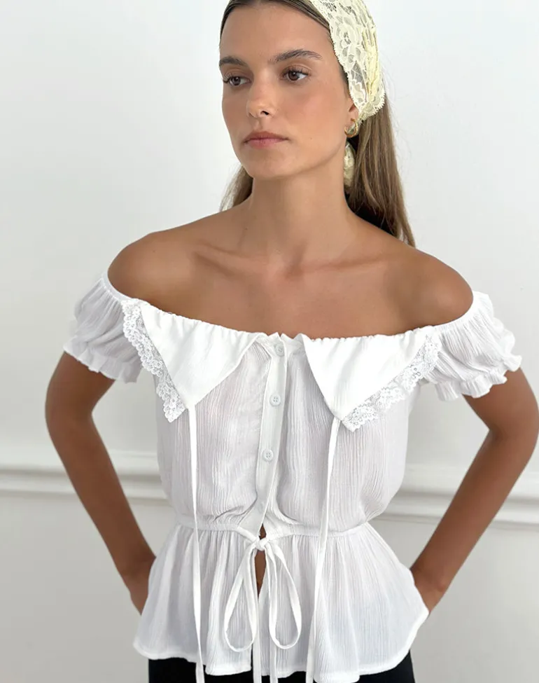 Wujala Bardot Tie Waist Top in Rayon White