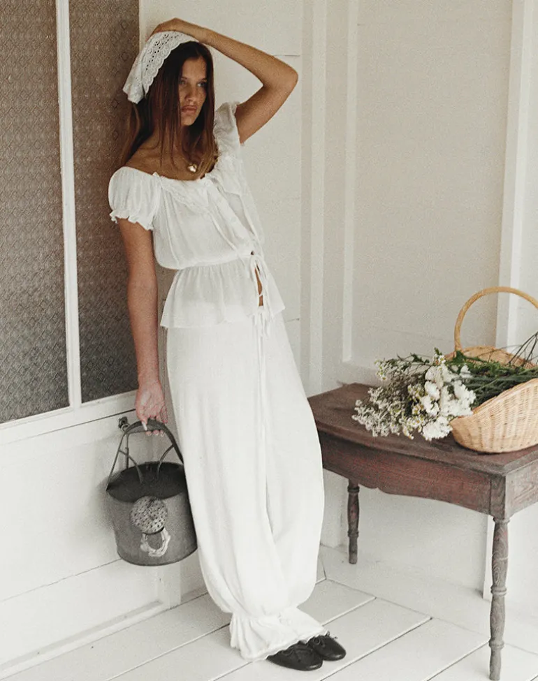 Wujala Bardot Tie Waist Top in Rayon White