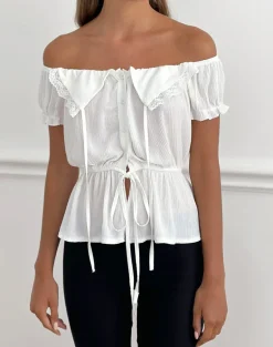 Wujala Bardot Tie Waist Top in Rayon White