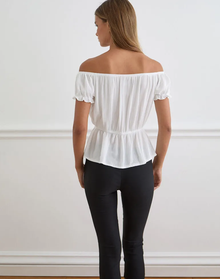 Wujala Bardot Tie Waist Top in Rayon White