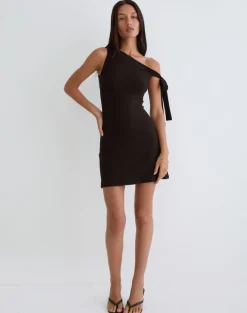 Xeenia One Shoulder Mini Dress in Chocolate Brown