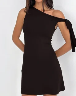 Xeenia One Shoulder Mini Dress in Chocolate Brown