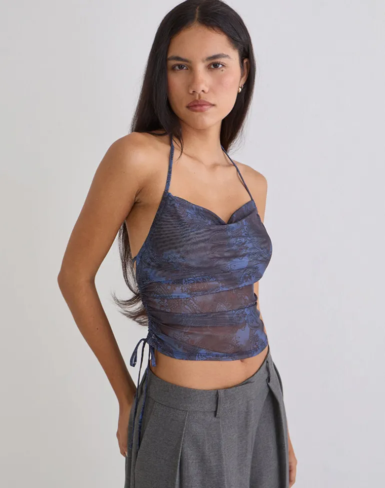 Xiomara Halterneck Top in Midnight Paisley Dark Blue