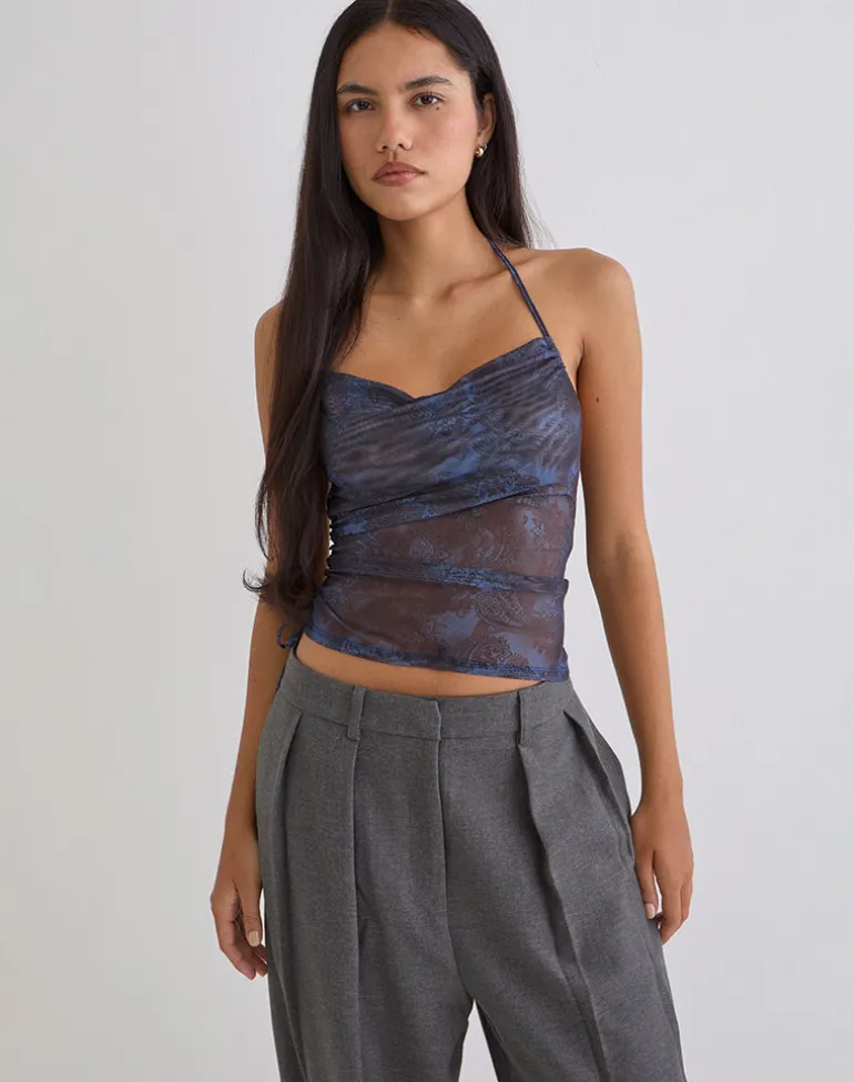 Xiomara Halterneck Top in Midnight Paisley Dark Blue