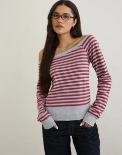 Yacin Slouchy Top in Grey and Burgundy Stripe