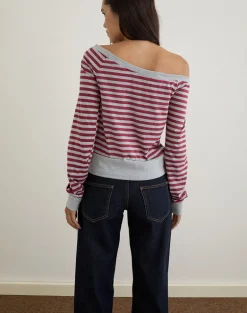 Yacin Slouchy Top in Grey and Burgundy Stripe