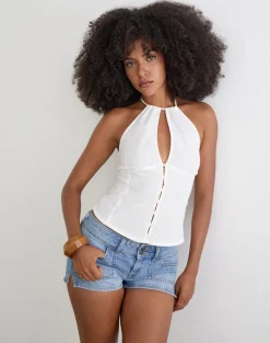 Yadele Button Up Keyhole Top in Ivory