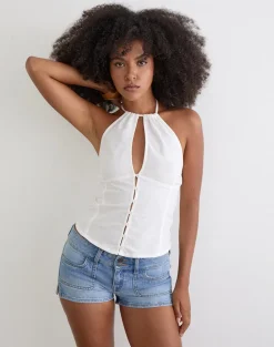Yadele Button Up Keyhole Top in Ivory