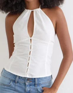 Yadele Button Up Keyhole Top in Ivory