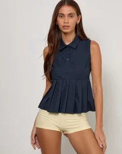 Yaden Pleat Polo Shirt in Poplin Dark Navy