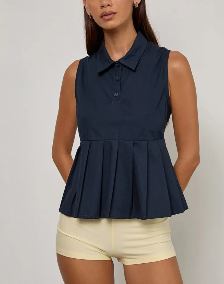 Yaden Pleat Polo Shirt in Poplin Dark Navy