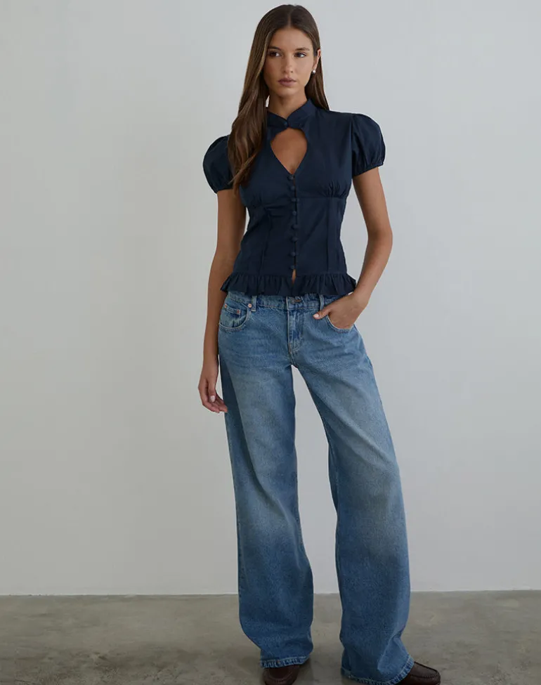 Yamila Puff Sleeve Keyhole Blouse in Dark Navy