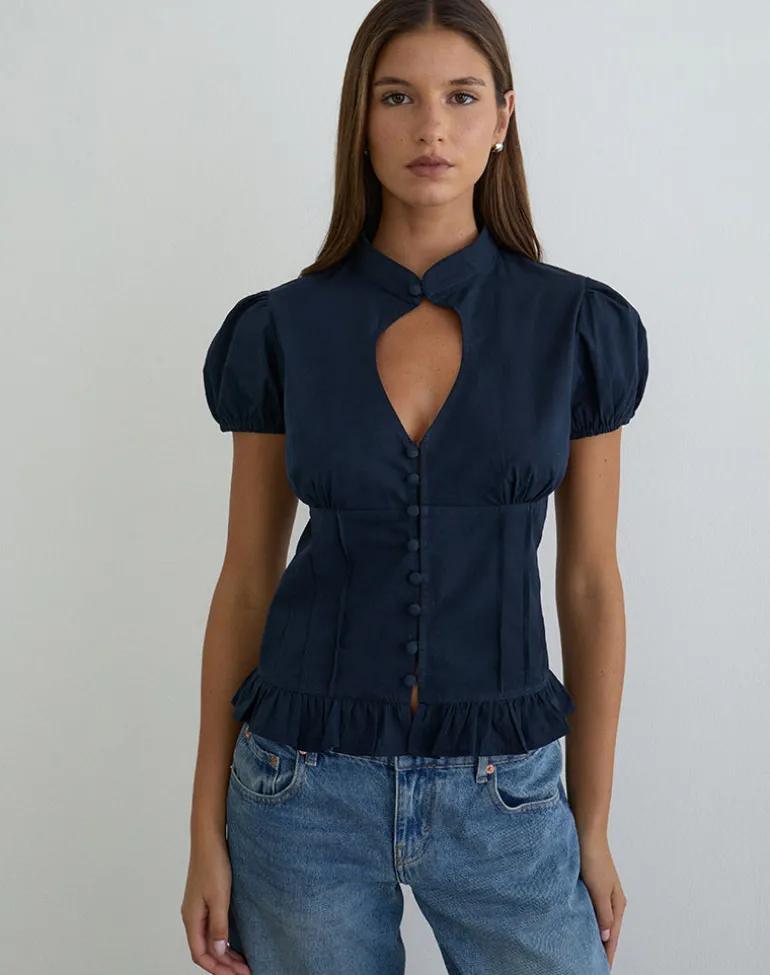 Yamila Puff Sleeve Keyhole Blouse in Dark Navy