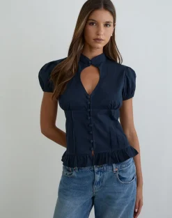 Yamila Puff Sleeve Keyhole Blouse in Dark Navy