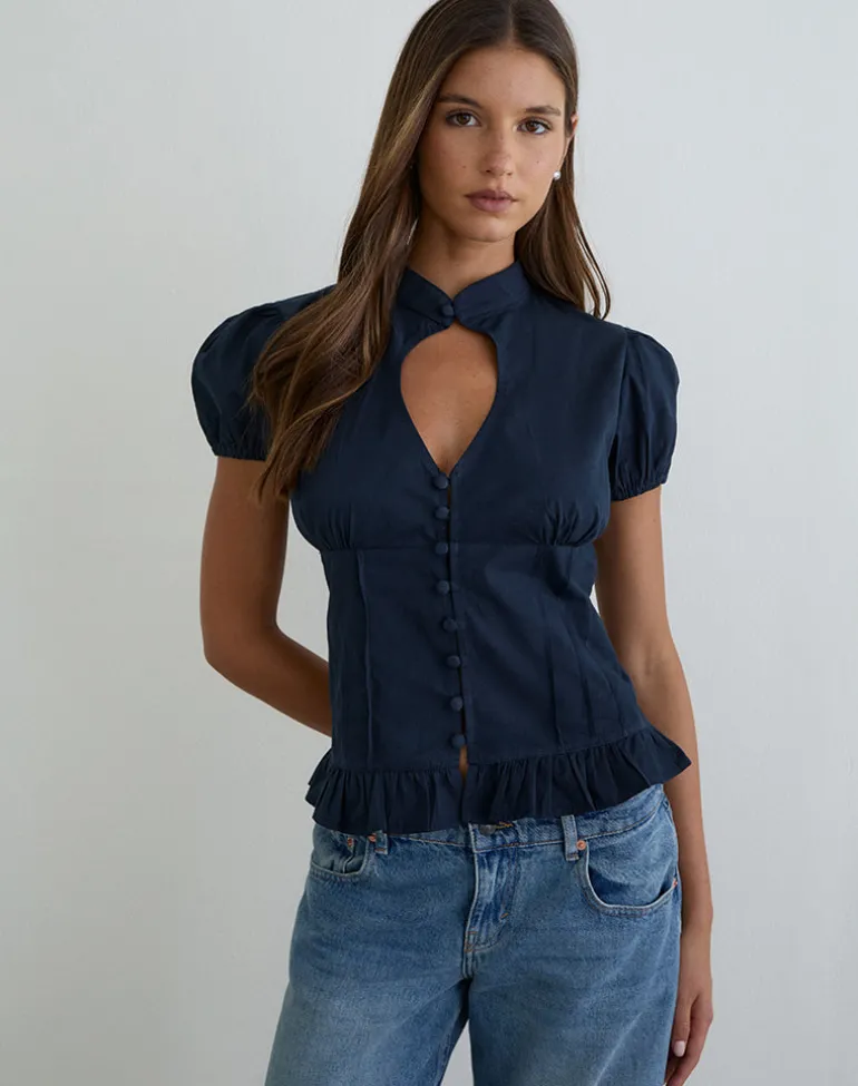 Yamila Puff Sleeve Keyhole Blouse in Dark Navy