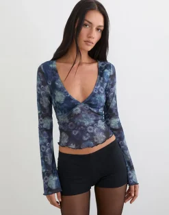 Yamuna Long Sleeve Top in Dark Blue Arty Flower Mesh