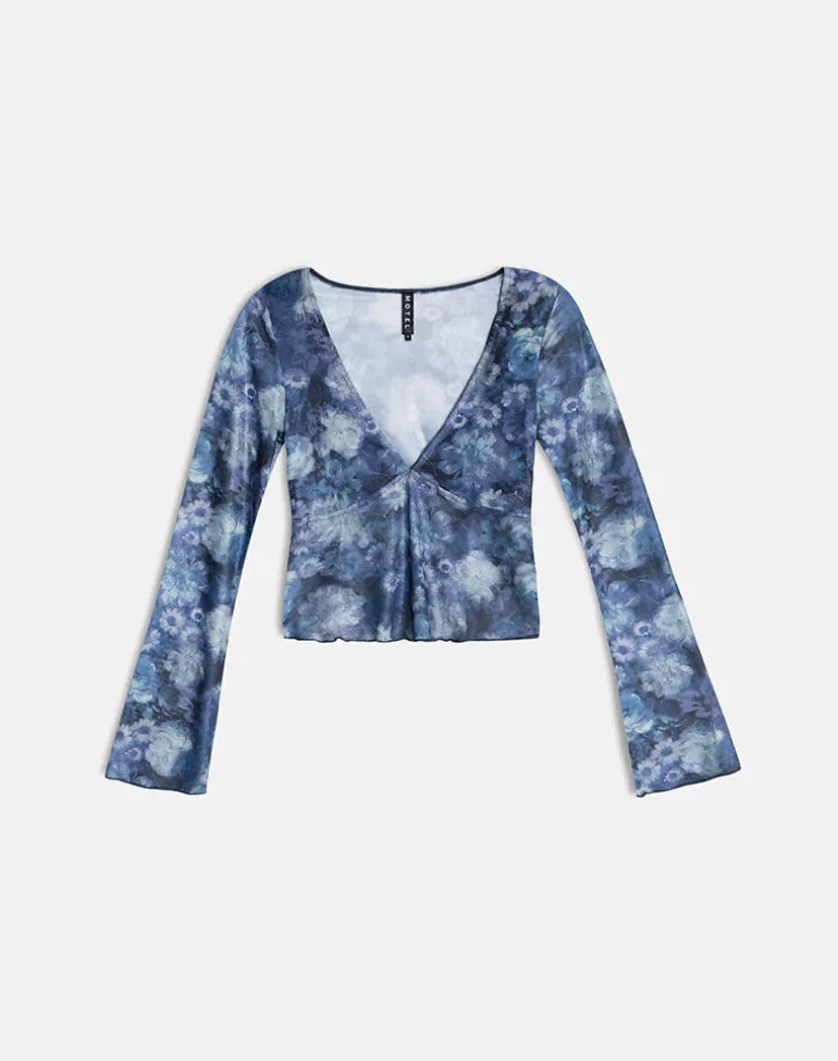 Yamuna Long Sleeve Top in Dark Blue Arty Flower Mesh