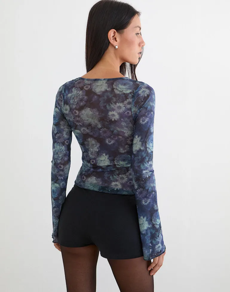 Yamuna Long Sleeve Top in Dark Blue Arty Flower Mesh