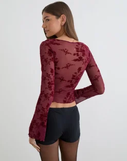 Yamuna Top in Flocked Botanical Flower Maroon