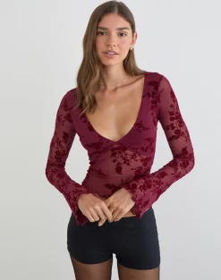 Yamuna Top in Flocked Botanical Flower Maroon