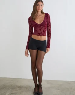 Yamuna Top in Flocked Botanical Flower Maroon