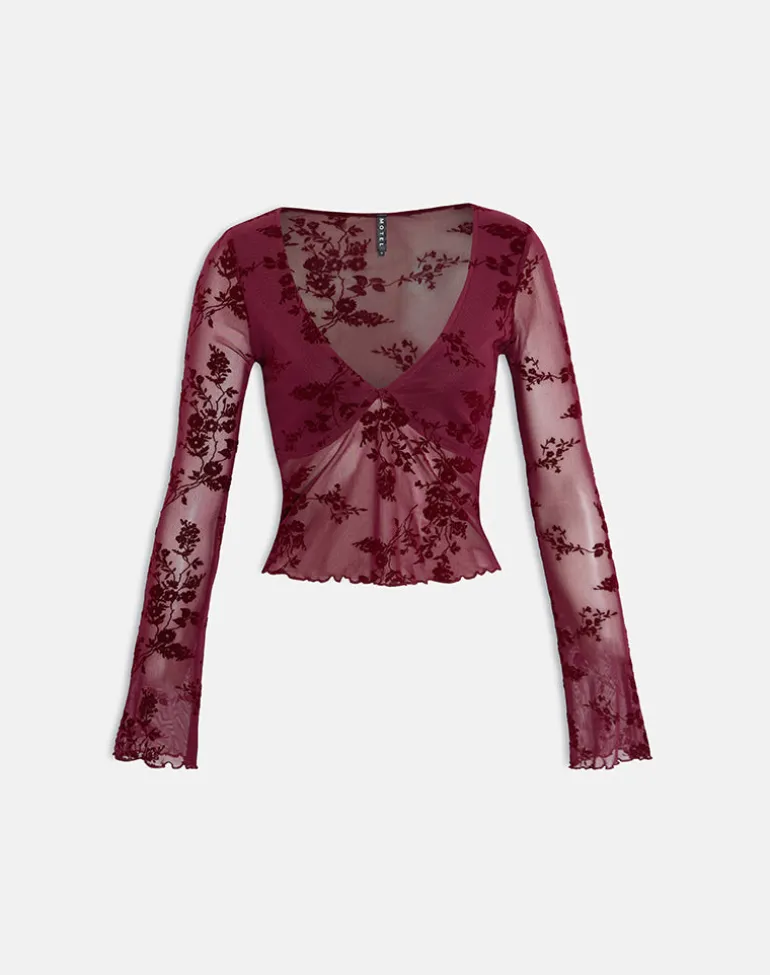 Yamuna Top in Flocked Botanical Flower Maroon