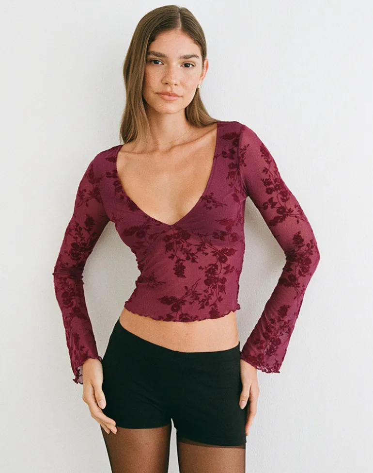 Yamuna Top in Flocked Botanical Flower Maroon
