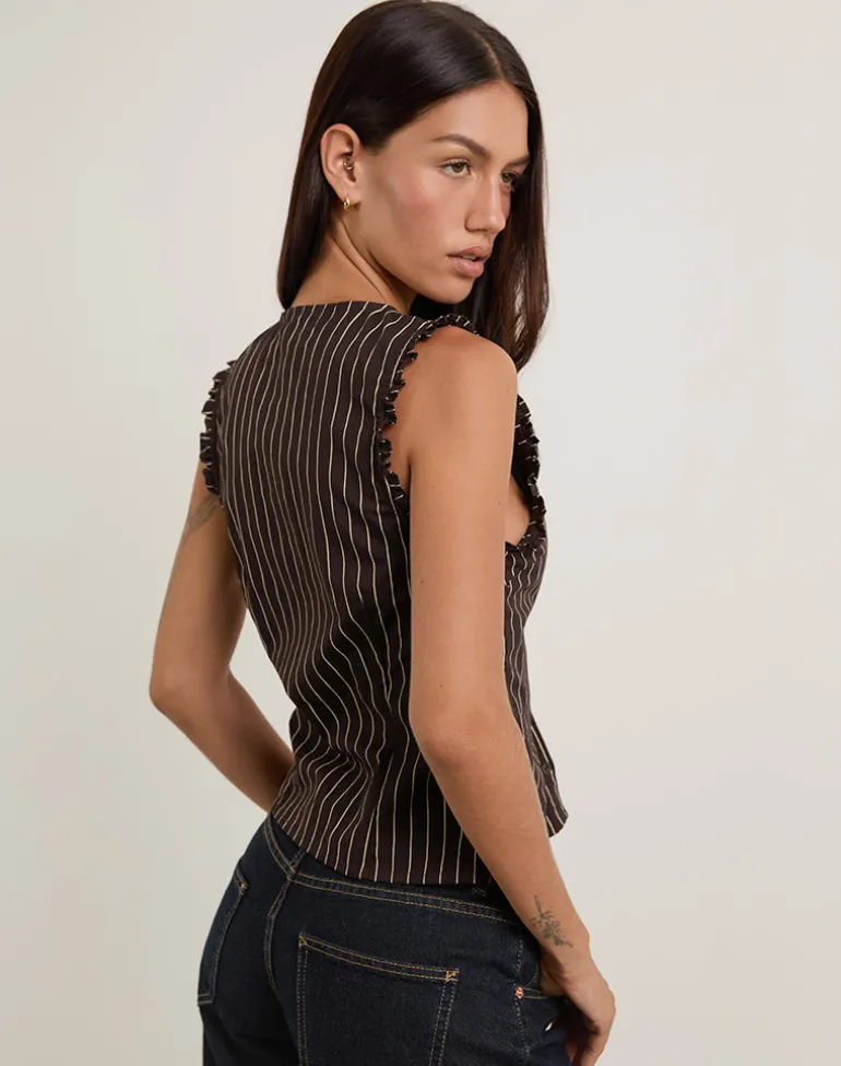 Yarala Blouse in Mono Pinstripe Chocolate