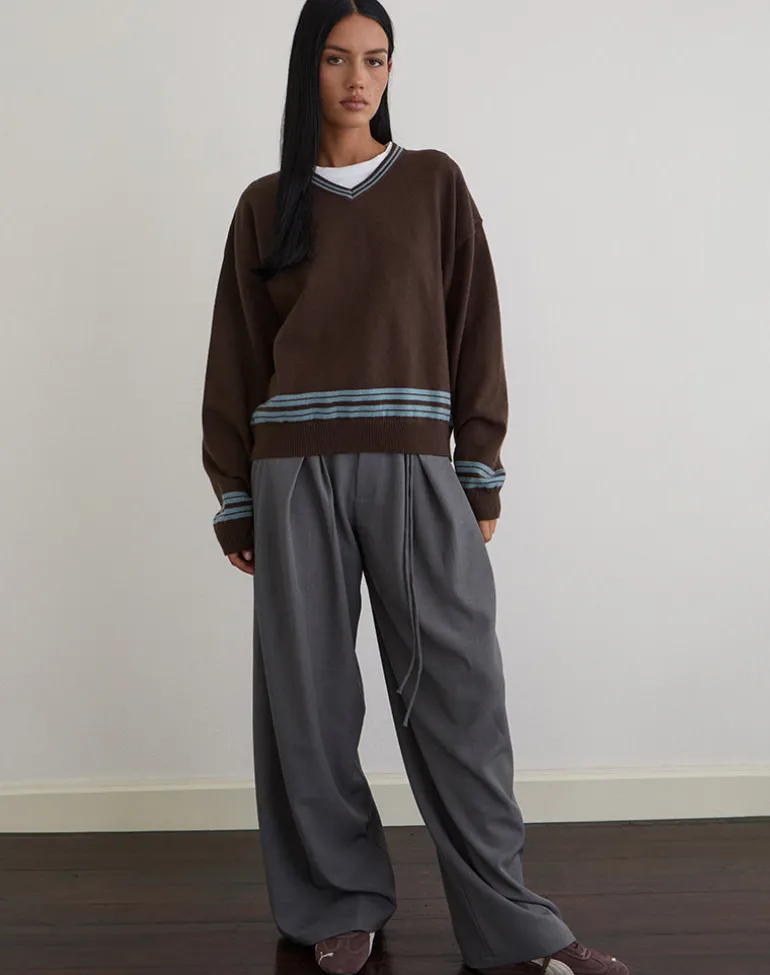 Yarnia Slouchy V-neck Jumper in Brown and Blue