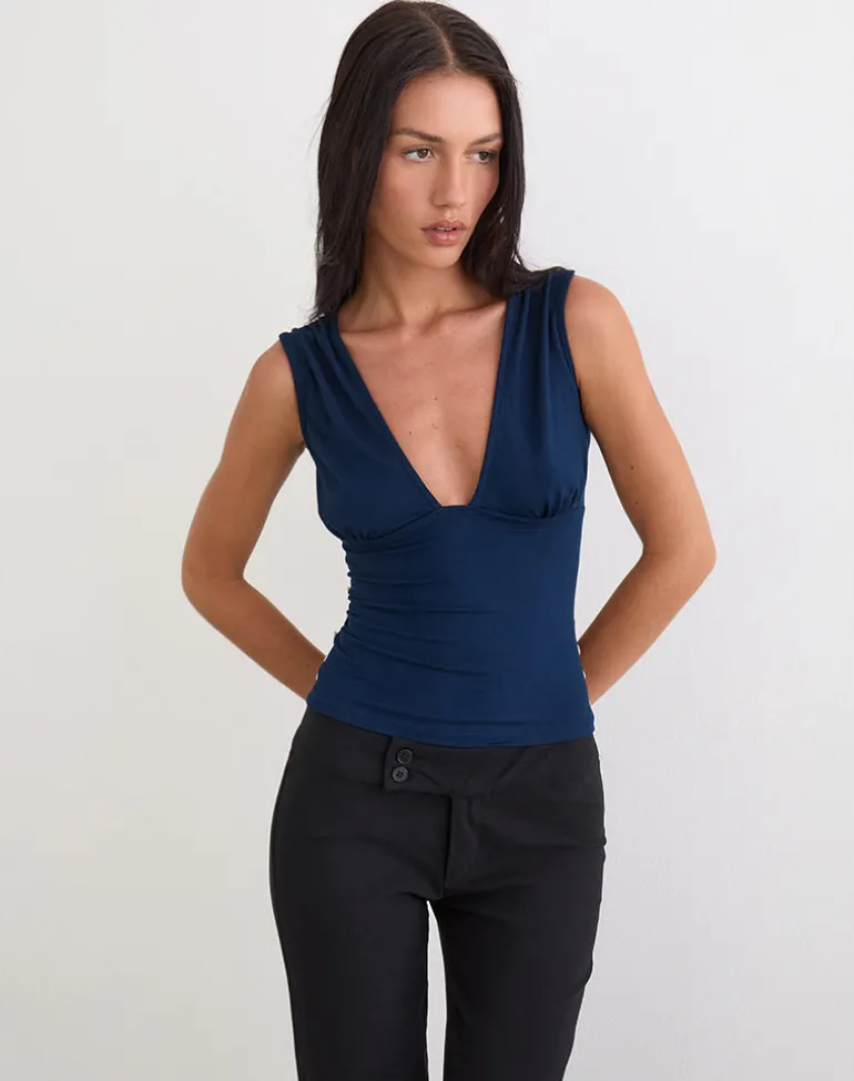 Yatna Top in Rayon Navy with Pearl Button Trim