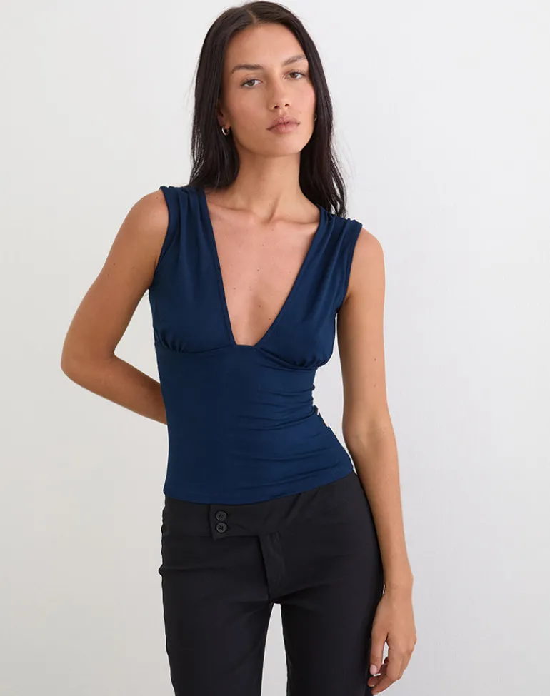 Yatna Top in Rayon Navy with Pearl Button Trim