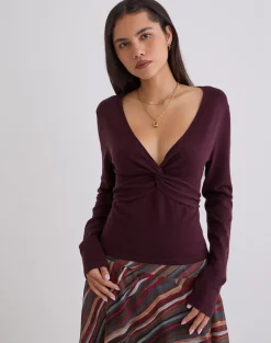 Yenari Long Sleeve Twist Top in Knit Plum