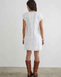 Yenna Plunge Mini Dress in Floral Lace White
