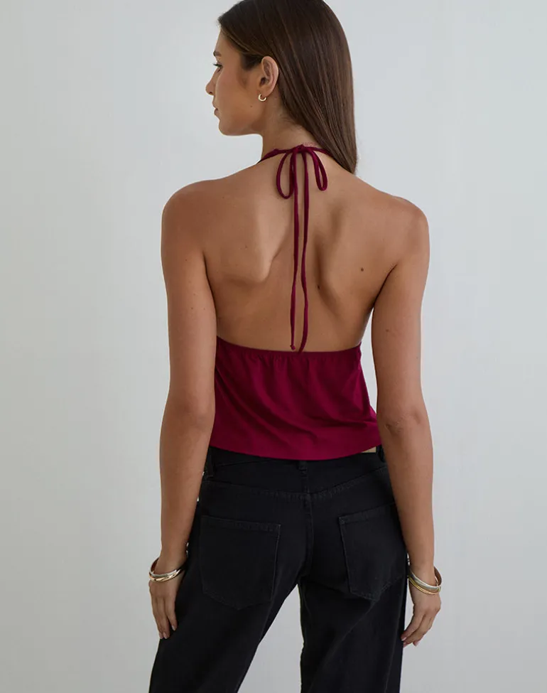 Ylva Tie-Front Halter Top in Rayon Jersey Burgundy
