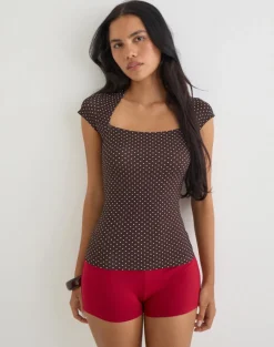 Yoi Top in Brown with Micro Polka Print