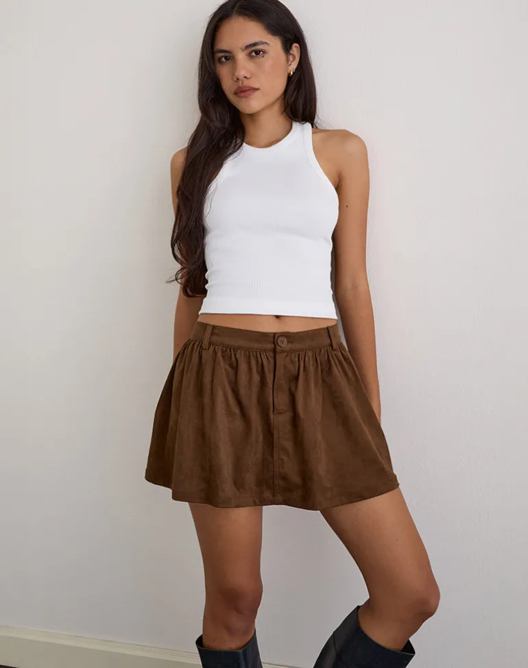 Yonca Frill Mini Skort in Faux Suede Brown