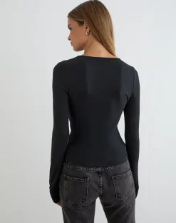 Yubin Keyhole Long Sleeve Top in Cupro Black