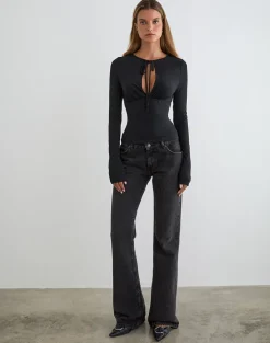 Yubin Keyhole Long Sleeve Top in Cupro Black