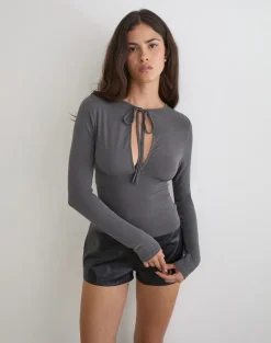 Yubin Keyhole Long Sleeve Top in Cupro Charcoal Grey